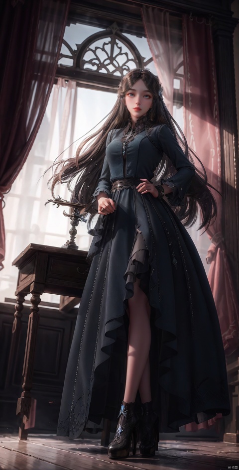  Stand, look straight ahead,long skirt,long dress,Conservative conservative conservative clothes,1girl, solo, long hair, black hair, hair ornament, dress, jewelry, sitting, full body, indoors, high heels, clothing cutout, bare legs, window, curtains, pink dress