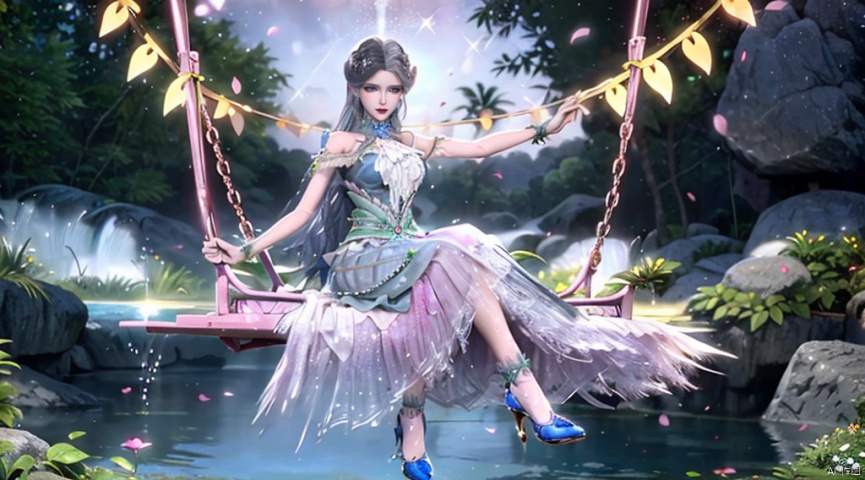  A charming smile, ,long hair,Conservative conservative long skirt,long dress,Elaborate floral headgear,sitting,long skirt,princess dress,swing,The highest picture quality, conservative dress, exquisite CG, sitting on a swing wrapped in flowers and vines, water droplets in your hair, beautiful goddess, sparkling starlight, close-ups, exquisite face, exquisite lips, exquisite eyes, exquisite nose, dream, surrounded by pink butterflies, surrounded by sparkling water droplets, crystal pink crystal, shimmering lake background, rose petals falling, clothes studded with sparkling diamond pearls, high heels, long legs