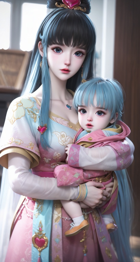  With a cute baby in my hand, standing, baby is pink blue hair gradient, Qi bangs