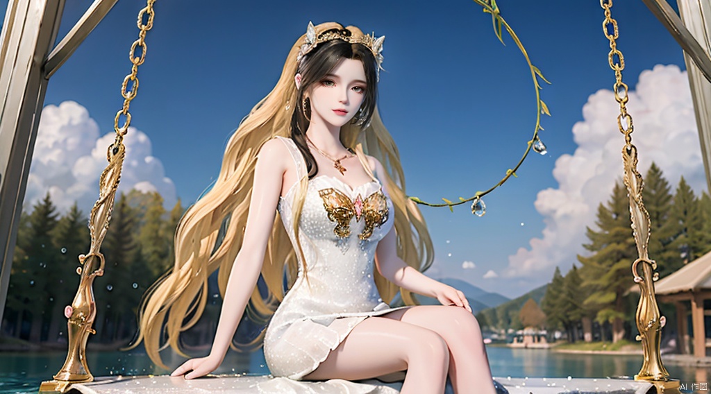  A charming smile, blonde hair,black hair,long hair,Conservative conservative long skirt,long dress,Elaborate floral headgear,sitting,long skirt,princess dress,swing,The highest picture quality, conservative dress, exquisite CG, sitting on a swing wrapped in flowers and vines, water droplets in your hair, beautiful goddess, sparkling starlight, close-ups, exquisite face, exquisite lips, exquisite eyes, exquisite nose, dream, surrounded by pink butterflies, surrounded by sparkling water droplets, crystal pink crystal, shimmering lake background, rose petals falling, clothes studded with sparkling diamond pearls, high heels, long legs