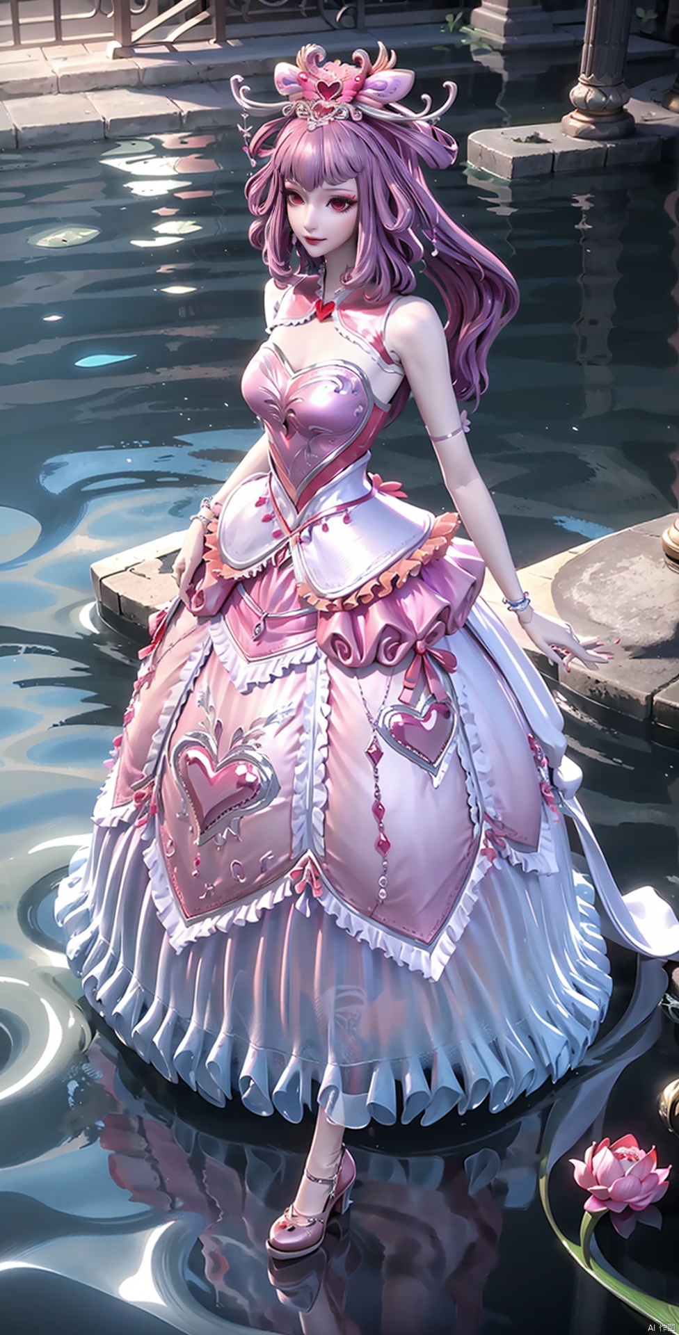 1girl, solo,pink hair, long hair, black hair, hair ornament, dress, bare shoulders, jewelry, closed mouth, blue hair, standing, full body, ponytail, flower, earrings, frills, sleeveless, water, high heels, bracelet, sleeveless dress, blue dress, reflection, ripples, lotus