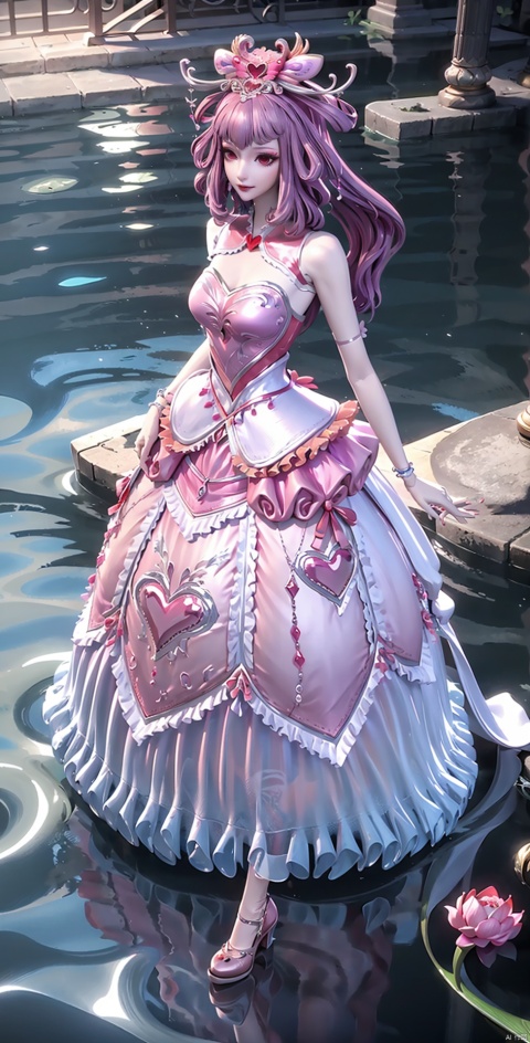 1girl, solo,pink hair, long hair, black hair, hair ornament, dress, bare shoulders, jewelry, closed mouth, blue hair, standing, full body, ponytail, flower, earrings, frills, sleeveless, water, high heels, bracelet, sleeveless dress, blue dress, reflection, ripples, lotus