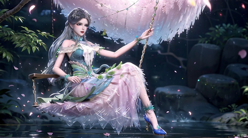  A charming smile, ,long hair,Conservative conservative long skirt,long dress,Elaborate floral headgear,sitting,long skirt,princess dress,swing,The highest picture quality, conservative dress, exquisite CG, sitting on a swing wrapped in flowers and vines, water droplets in your hair, beautiful goddess, sparkling starlight, close-ups, exquisite face, exquisite lips, exquisite eyes, exquisite nose, dream, surrounded by pink butterflies, surrounded by sparkling water droplets, crystal pink crystal, shimmering lake background, rose petals falling, clothes studded with sparkling diamond pearls, high heels, long legs