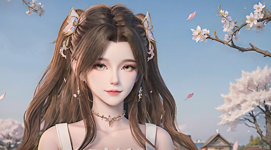  A charming smile
 ,1girl, solo, long hair, looking at viewer, brown hair, hair ornament, dress, animal ears, upper body, ponytail, flower, sky, , collar, petals, cherry blossoms, pink dress, branch, falling petals, metal collar