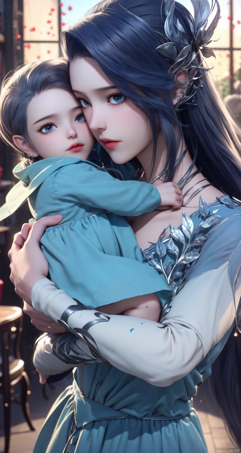  Beautiful young mother holds a lovely three-year-old child who looks like herself in her arms, bangs, likes, flowers around, healing, master work, high-quality pictures, more details are clearly visible, delicate and higher resolution