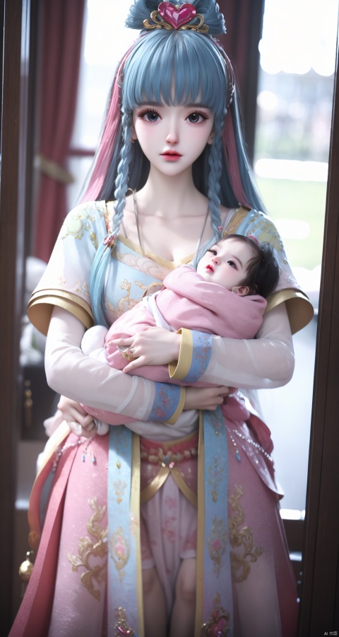  With a cute baby in my hand, Holding a lovely baby, standing, baby is pink blue hair gradient, Qi bangs