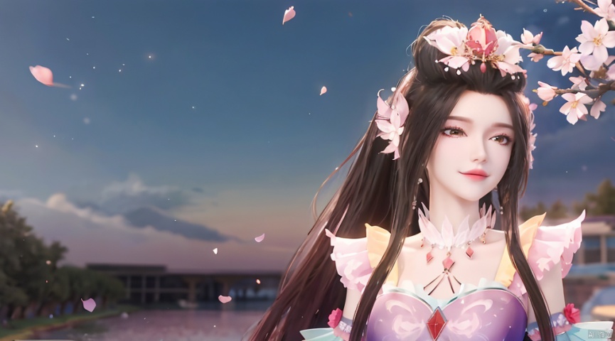 A charming smile,1 girl, solo, long hair, looking at the audience, hair accessories, dress, upper body, ponytail, flowers, sky, collar, petals, cherry blossoms, pink dress, branches, petals falling, metal collar