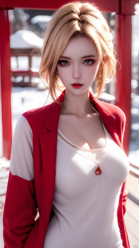  Outdoor scenery, snow view, Snow Mountain, girl, red wool coat, pretty face, short hair, blonde hair, (photo reality: 1.3) , Edge lighting, (high detail skin: 1.2) , 8K Ultra HD, high quality, high resolution, the best ratio of four fingers and a thumb, (photo reality: 1.3) , wearing a red coat, white shirt inside, big chest, solid color background, solid red background, advanced feeling, texture full, 1 girl, Xiqing, HSZT, Xiaxue, dongy, a girl, magic eyes, black 8d smooth stockings, 1girl, white sweater, bsx
