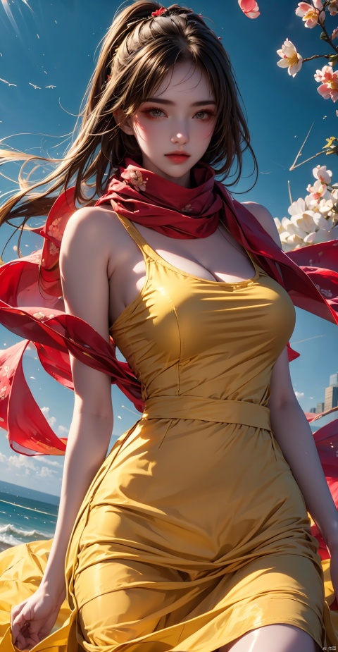  1girl, yellow dress, (scarf), wind, petal, dofas, 1 girl
