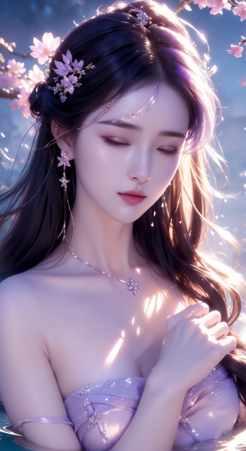  1 girl,(Purple light effect),(blindfold:1.2),hair ornament,jewelry,looking at viewer,flower,floating hair,water,underwater,air bubble,Flowers,petal,branch,submerged

