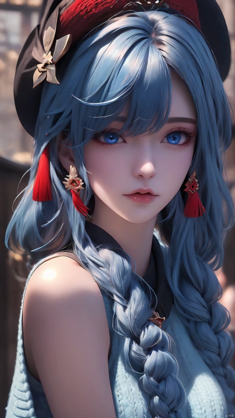  shenhe,genshin impact+ Detailed face +,1girl,solo,long hair,(headwear:1.3),blue eyes,looking at the audience,tassel earrings,hair covering one eye,bangs,virgin_killer_sweater+