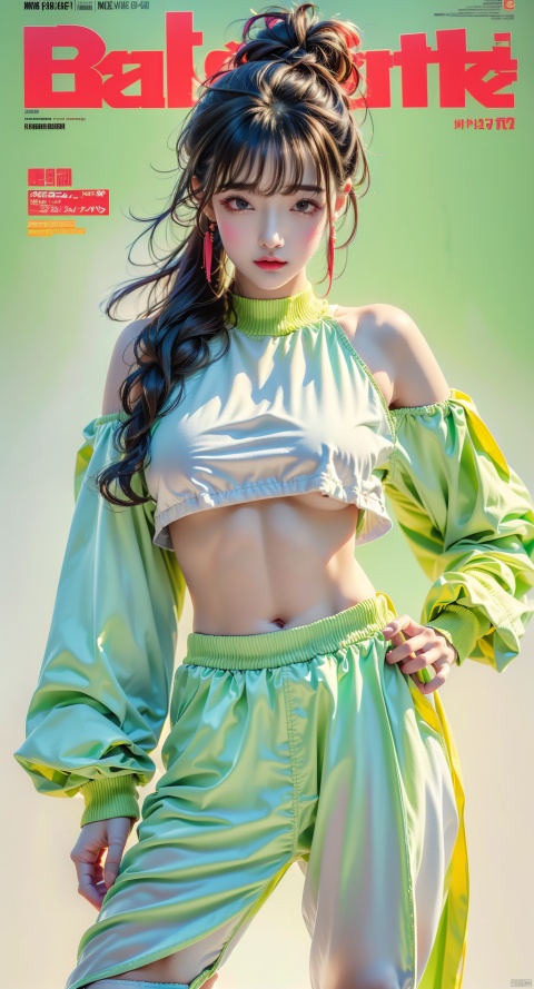  offcial art,colorful,Colorful background,splash of color,movie perspective,(advertising style, magazine cover:1.3),Best quality,masterpiece,ultra high res,Modern,Chinese,Song rhyme,Oriental,pretty,cowboy shot,1girl,black hair,bangs,bare shoulders,(White and green background:1.3),green eyes,simple background,sneakers,socks,White and green dress,open jacket,hair bun,puffy long sleeves,(crop top:1.3),pants,(full body:1.1),(Snake:1.2),