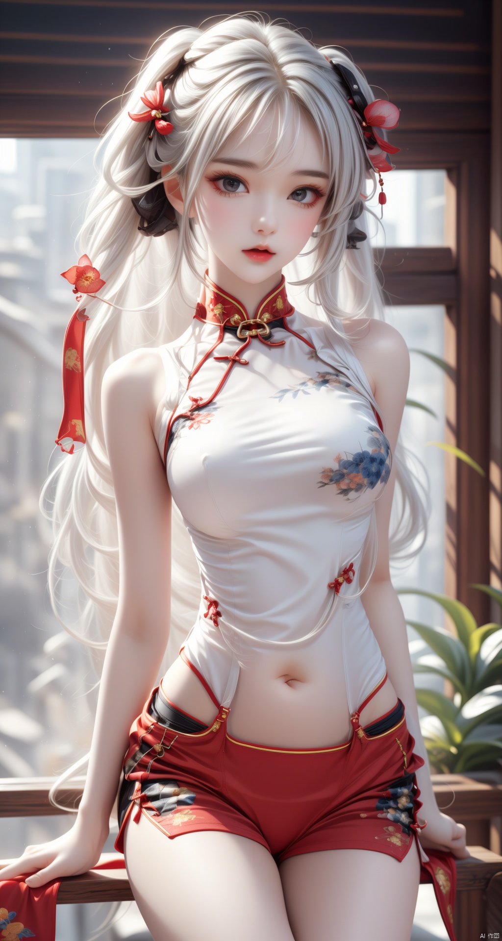  anancq,a girl,red cheongsam,white hair,