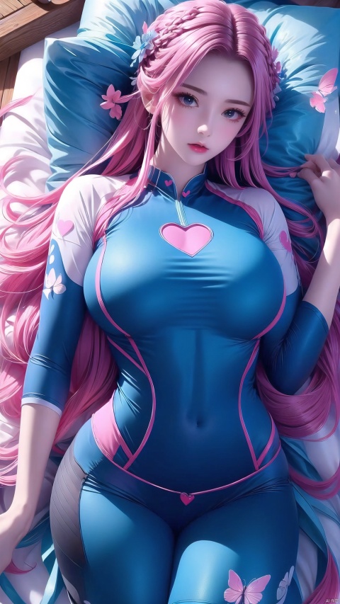  1 girl, (light gray tight yoga suit), multi-color hair, pink hair, butterfly headband, white esports earphones, (snow), full body, lying down, navel, fair and transparent skin, viewed from above, represented by heart shape, decorated with blue heart shape, using a large number of heart shapes, using a large number of blue heart shapes as background, using a large number of blue, using a large number of blue flowers, soft light, masterpiece, best quality, 8K, HDR, xiqing, hy, (\fan hua\), jiangli, xuxin