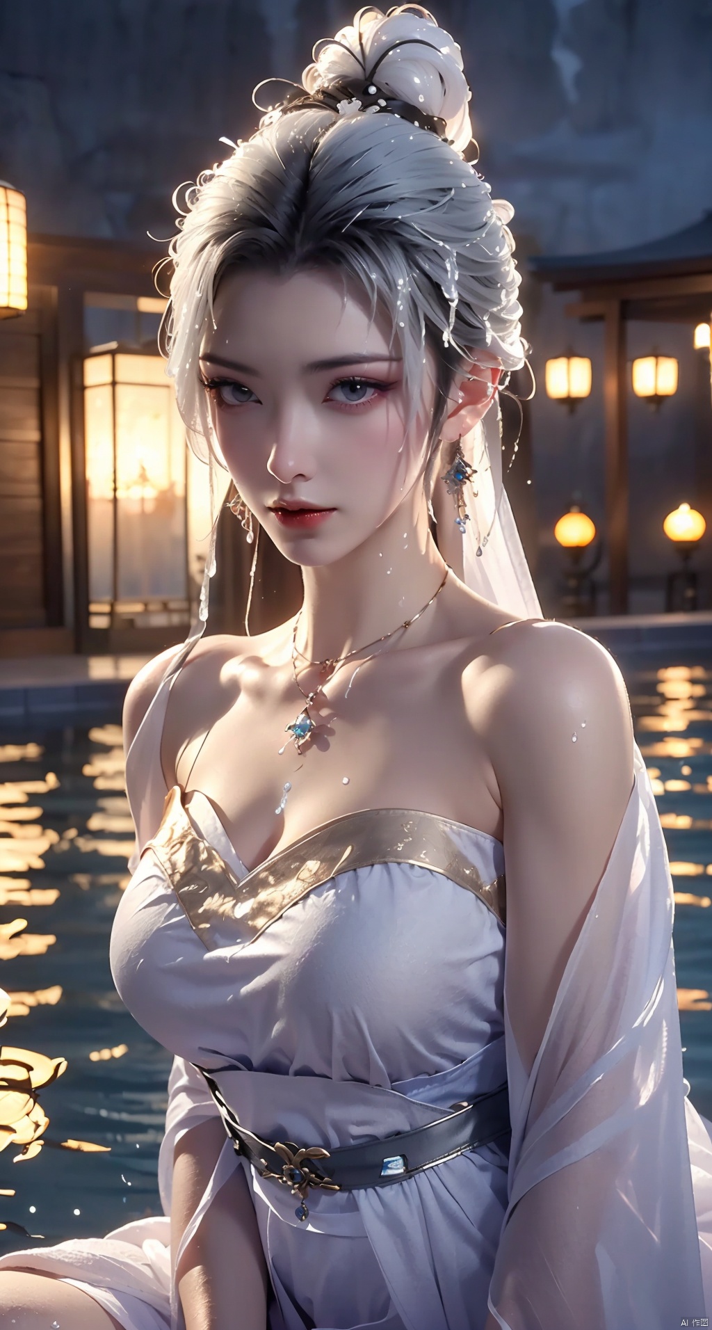  High quality, masterpiece, cinematic texture, Chinese elements, 1 girl bathing in the pool, white hair, (wrapped in a towel: 1.2),Forehead gemstone, (with a large amount of water vapor on the surface: 1.5), (hot spring), lantern, night,