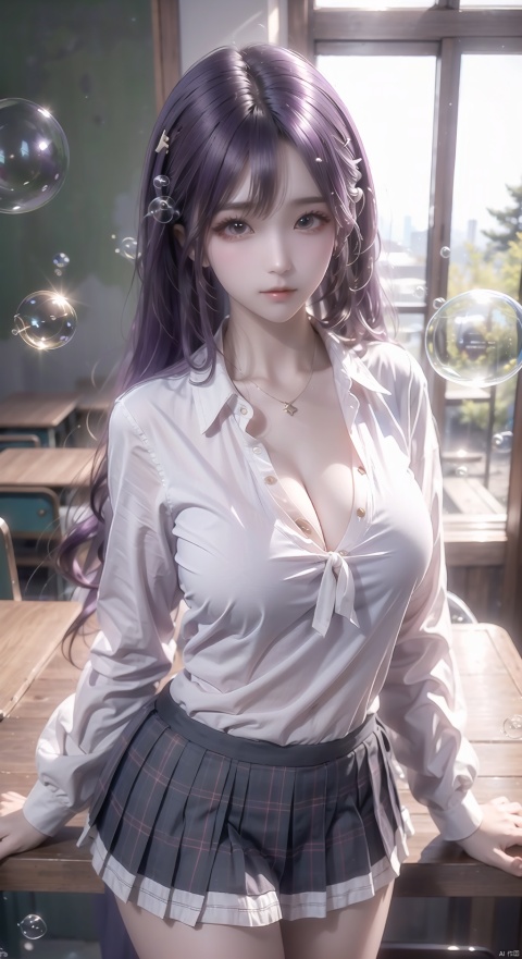  (bubble:1.5),1girl,solo. purple hair, red eyes, hairclip, long hair, very long hair, white shirt, school uniform, pleated skirt, plaid skirt, cowboy shot, solo focus, (\meng ze\), qingyi, Light master