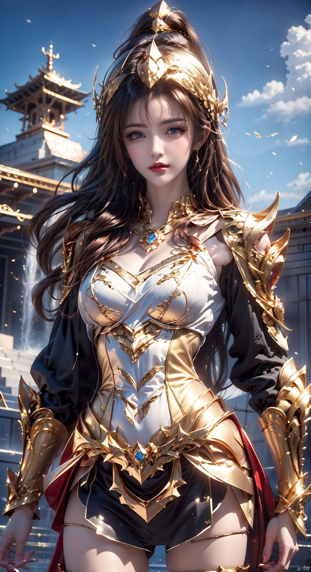 High quality, masterpiece, wallpaper, cinematic graphics,1girl,(( gold armor),blue eyes, breasts ,cowboy shot, medium breasts,standing, 