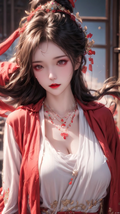  1 girl, red lips, ponytail,red cloak, windy,Close ups, solo, looking at me, jewelry, necklace, hair accessories, tea hair, whole body, Chinese clothing, hanfu, photography collection, light and shadow, textured skin, super details, the best quality,large_breasts, bsx