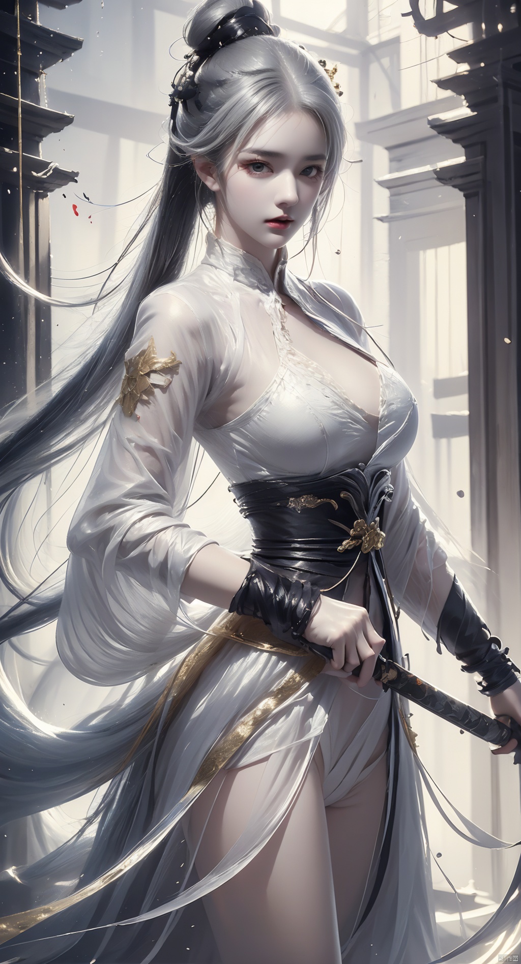  a woman with white hair holding a glowing ball in her hands, white haired deity, by Yang J, heise jinyao, inspired by Zhang Han, xianxia fantasy, flowing gold robes, inspired by Guan Daosheng, human and dragon fusion, cai xukun, inspired by Zhao Yuan, with long white hair, fantasy art style,,Ink scattering_Chinese style, smwuxia Chinese text blood weapon:sw, lotus leaf, (\shen ming shao nv\), gold armor