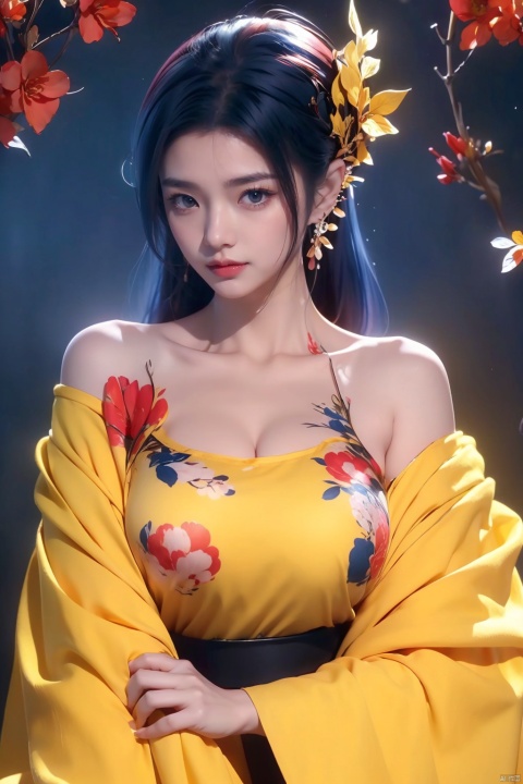  split color hair、Ichiro、 1 girl, solo, blue eyes, black haired, hair ornaments, hugged, medium breasts, Floral, generally, kimono, off shoulder, nail polish, compensate, lipstick, yellow background, red claw, eye shadow, Floral, Hairpin, Hairpin, comb, qingsha