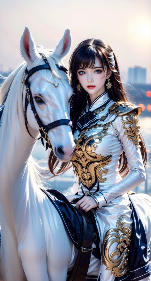  1girl, riding a horse, white armor,