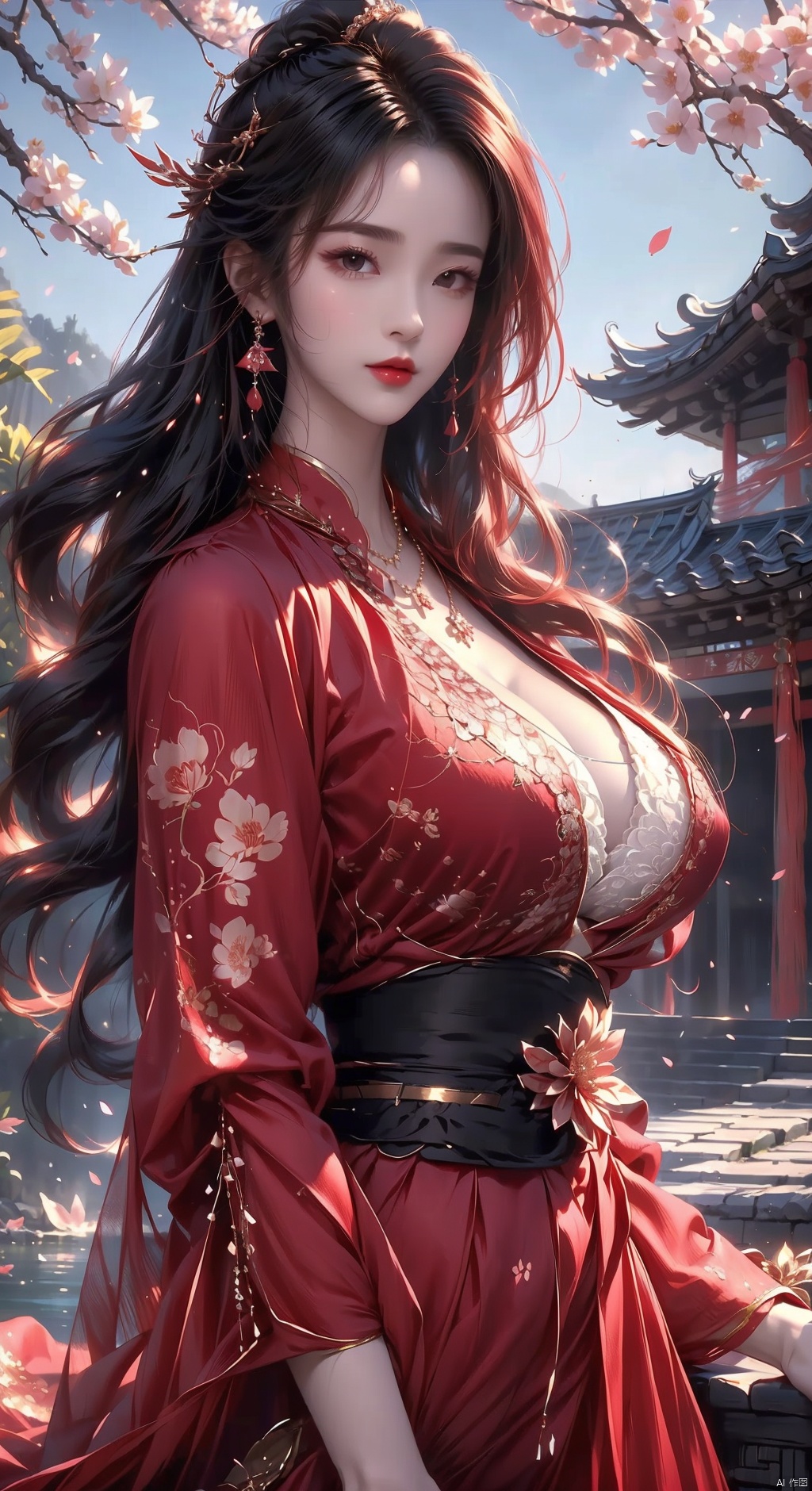  ((1girl)),(large breasts:1.5),jewelry,solo,hair ornament,necklace,chinese clothes,flower,black hair,hanfu,long hair,breasts,blurry,blurry background,upper body,cleavage,red lips,looking at viewer,realistic,dress,hair stick,hair flower,branch,