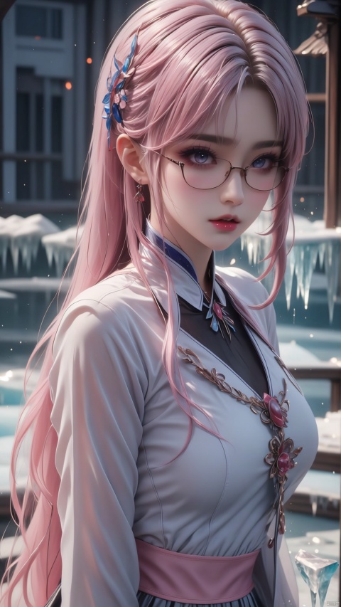  (ice:1.5), ( masterpiece, top quality, best quality, official art, beauty and aesthetic: 1.3), 1 girl, solo, long hair, bangs, pink hair, Wet hair, blush, half-rimmed glasses, spectacles, beautiful eyes, parted lips, flight suit, American jacket, thigh gap, JK, grey JK skirt, Wet clothes, hair trim, looking at the audience, solid background, gray background, (\shuang hua\)