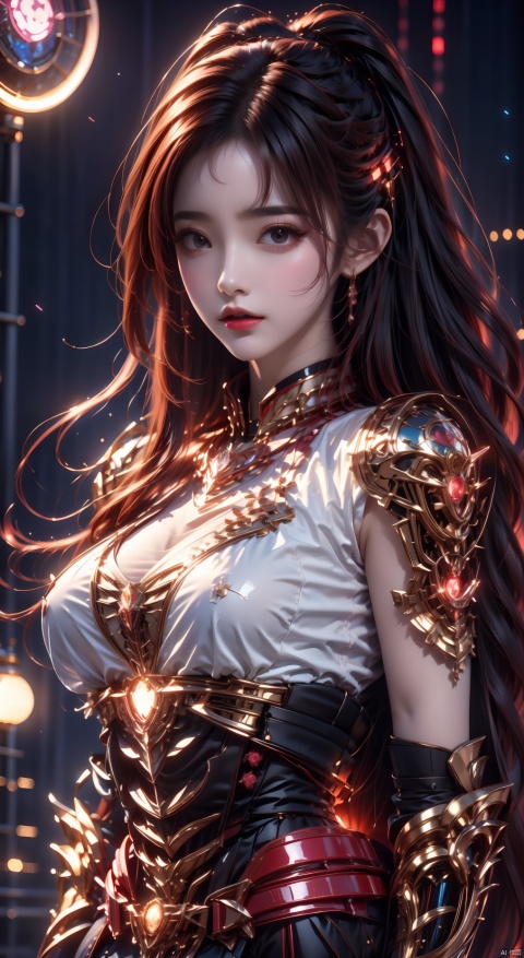 1girl, Dynamic posture, girl's posture,brown eyes, glowing, looking at the audience, multi light source headphones,mechanical structure extending upwards on both sides of the head, shoulder mecha, complex metal mecha on the shoulders, complex mechanical structure neck guard, complex mechanical microphone, complex mechanical collar,  full body mecha, multi light source mecha, full body multi line light, realistic materials, simple background,Cyberpunk
