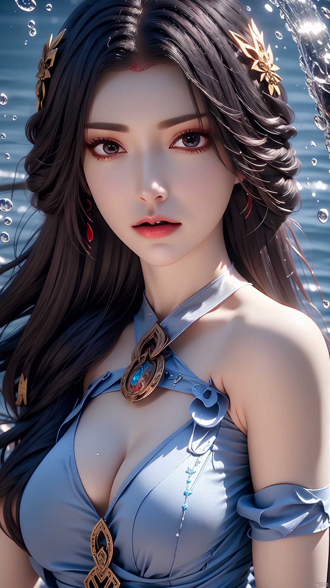  Ultrarealistic, High quality, (close up :0.8), masterpiece, wallpaper, 1 girl, grey hair, water dress, jumping, cleavage cut out, high cut, bare waist, bare legs, off-the-shoulder, (naked:1.15), (the girl was bound with water:1.4), blue water column, snowflake, magic circle, energy, radiance, diffraction spikes, ejaculation, electricity, flying paper, magic, Taoist runes, liquid clothes