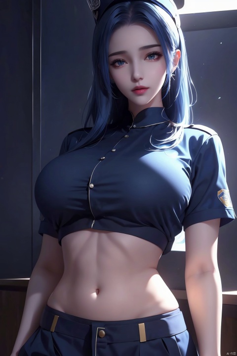  Police uniform, police officer clothes, details police clothes, indoor, police station, police station, underboob, shirt, , Esdeath, tutult, 1girl, qingyi