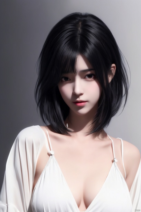 1girl, solo, looking at viewer, {parted bangs|hair over one eye|multicolored hair|long jet black hair|half buzz cut hair style},black hair, parted lips, black eyes, lips, messy hair, realistic,nose,curve,bare chest,
by katsuhiro otomo,
(masterpiece,best quality:1.4),