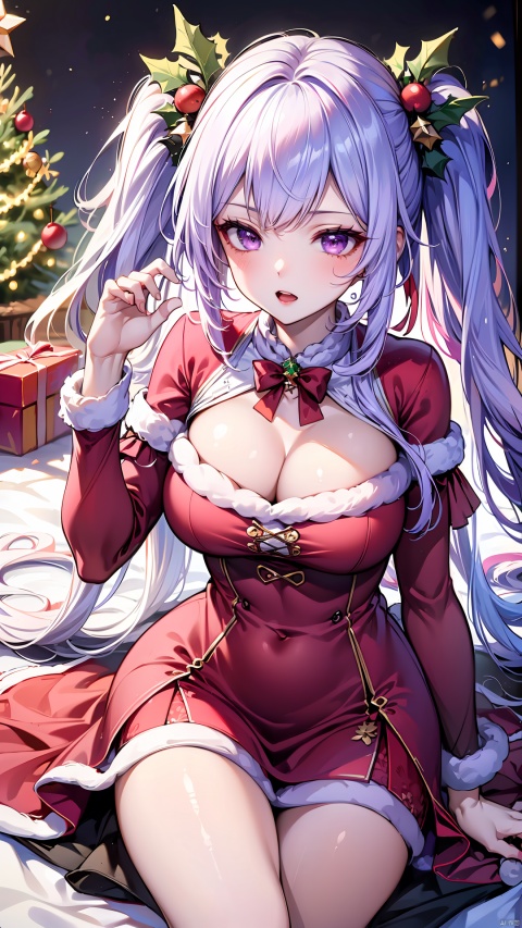  1girl,solo,keqing,cowboy_shot,christmas costumes,long hair,twintails,hair rings,hair ornament,looking at viewer,purple eyes,purple hair,open mouth,best quality,masterpiece,ultra high res,Christmas,