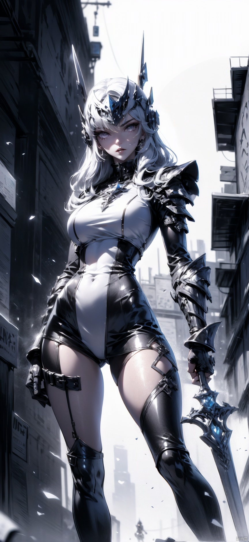  A girl in white and blue armor, in a dilapidated city, shows determination and fearless courage. She was wearing an elaborate suit of armor, a combination of white and blue that made her stand out against the gray city background. This suit of armor not only shows her nobility, but also her readiness for battle. The helmet is decorated with complex patterns, and the purple eyes are like the brightest stars in the night sky, flashing a mysterious light. Her eyes are firm and deep, as if she can see into the future, showing her persistent pursuit of victory. The girl holds an energy sword in her hand, her left hand firmly holding the hilt, her right hand gently supporting the blade, ready to strike a fatal blow at any time. The sword complements her armor, showing her great fighting power and fearless courage.
1 gril,full body,
render,technology, (best quality) (masterpiece), (highly detailed), 4K,Official art, unit 8 k wallpaper, ultra detailed, masterpiece, best quality, extremely detailed,atmospheric,highdetail,exquisitefacialfeatures,futuristic,sciencefiction,CG,low saturation,monochrome,