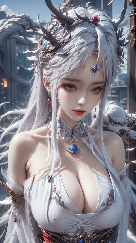  A royal elder sister,with a straight face,Keywords bust,slim waist,exposed waist,cleavage,solemn and sacred,Exposing thighs,navel,queen,white palace,dragon lady,drakan_longdress_crown,High complex headdress,Half-length photo with long white hair,Gaze lens,facing the camera,close-up shooting of face,film texture,reality,art,surrealism,High complex headdress,Dragon crown,super detail,cleavage,plump figure,shallow smile,High complex headdress,High-detail dragon crown