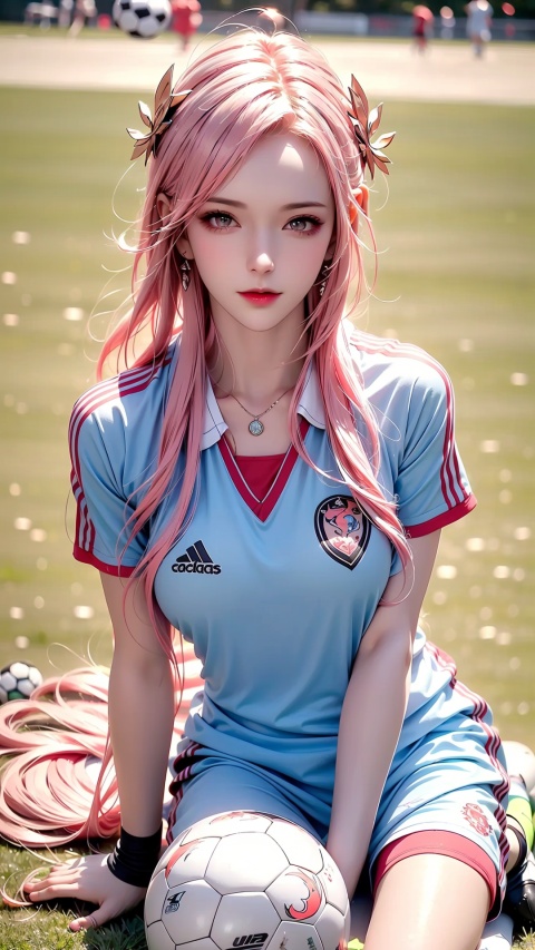  1girl,Full body image,sports shoes,long legs,pink hair, kind smile,looking_at_viewer, , (perfect body),(Soccer uniform: 1.6) (Soccer field: 1.5), futuaner,blackpantyhose,miniskirt,smile,long hair,bokeh,realistic,blurry, captivating gaze,natural light, shallow depth of field, romantic setting, dreamy pastel color palette, whimsical details, captured on film,. (Original Photo, Best Quality), (Realistic, Photorealistic: 1.3), Clean, Masterpiece, Fine Detail, Masterpiece , Ultra Detailed, High Resolution, (Best Illustration), (Best Shadows), Complex, Bright light,
, jinchen, bsx,big_breasts