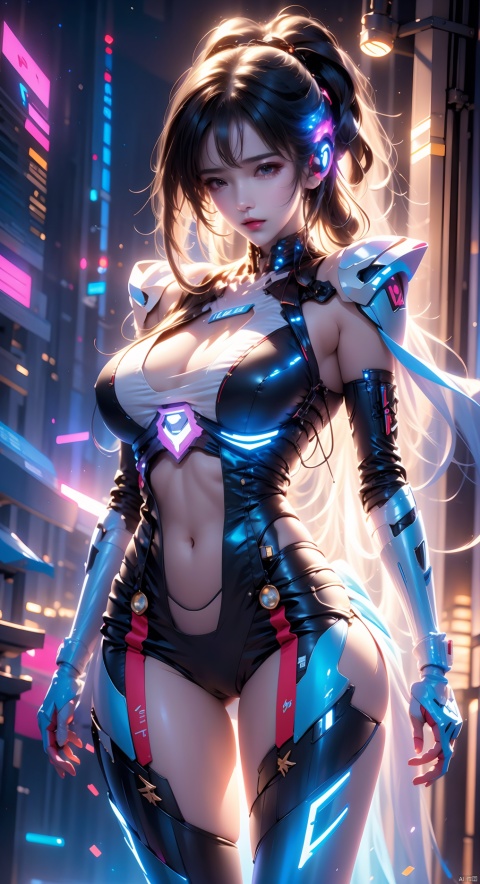 1girl, Dynamic posture, girl's posture,brown eyes, glowing, looking at the audience, multi light source headphones, huge mechanical headphones. Super complex headphone helmet with front illuminated camera structure. Complex structure mecha helmet,Multi earpiece structure, mechanical structure extending upwards on both sides of the head, shoulder mecha, complex metal mecha on the shoulders, complex mechanical structure neck guard, complex mechanical microphone, complex mechanical collar, luminous metal neck guard, full body mecha, multi light source mecha, realistic, black hair, science fiction, single person, oblique body, full body multi line light, realistic materials, simple background,Cyberpunk
