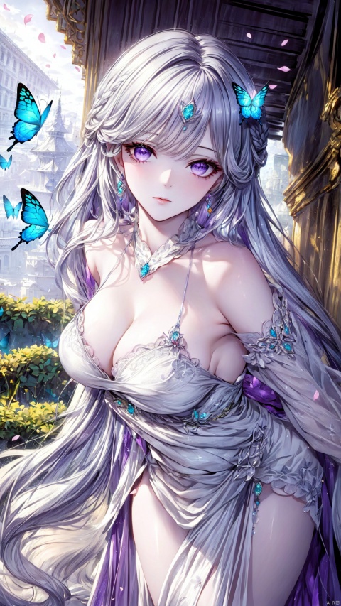  masterpiece, best quality,golden lace,(silver hair,purple eyes),super long hair,strong rim light, dusk, Depth of field, beautiful detailed eyes, earrings, bare shoulders, beautiful detailed glow, hair ornament, an extremely delicate and beautiful girl, large breasts, princess, (decorated evening dress), extremely detailed, (long hair:1.4),long long long hair, french braid, floating hair, streaked hair, detailed light, masterpiece, ultra-detailed, realistic, ((magnificent royal hall)), dynamic angle, looking at viewer, portrait, ((Beautiful butterflies in detail)) falling petals, leaves, (((garden))), (magnificent palace), ((the best building)), light particles,