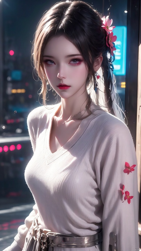  1girl,hanfu,flower,cyberpunk,science fiction,vaporwave,city,neon lights,glowing,flying,
Best quality,masterpiece,ultra high res,, 8k, ultra realistic, hyperdetailed, trending on Artstation, stunning, celestial, brilliant, flowing, depth of field, white sweater, bsx