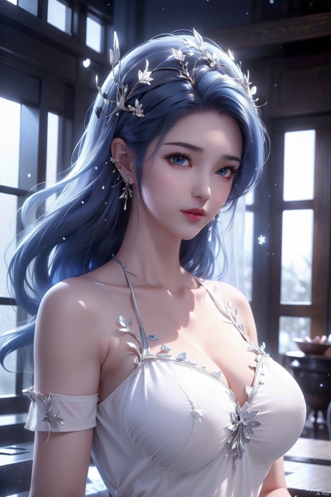  Naked upper body,have a bath,((best quality)), ((masterpiece)), ((ultra-detailed)), extremely detailed CG, (illustration), ((detailed light)), (an extremely delicate and beautiful), a girl, solo, ((upper body,)), ((cute face)), expressionless, (beautiful detailed eyes), full breasts, (medium breasts:1.2), blue dragon eyes, (Vertical pupil:1.2), white hair, shiny hair, colored inner hair, [Armor_dress], blue_hair ornament, ice adorns hair,depth of field, [ice crystal], (snowflake), dofas, (\meng ze\)