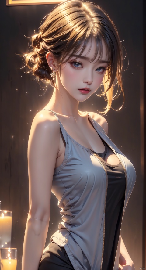  1girl,blonde hair,solo,blue eyes,jewelry,earrings,android 18,short hair,realistic,looking at viewer,upper body,breasts,lips,medium breasts,from side,shirt,grey background,bare shoulders,nose,sleeveless,black shirt,simple background,eyelashes,closed mouth,artist name,makeup,looking to the side,red lips,expressionless,off shoulder,looking back,bangs,sleeveless shirt,from behind,bob cut,jacket,forehead,parted lips,official art,extremely detailed CG unity 8k wallpaper,perfect lighting,Colorful,Bright_Front_face_Lighting,(masterpiece:1),(best_quality:1),ultra high res,8K,ultra-detailed, ((poakl)), (\shen ming shao nv\), (\yan yu\), (\ji jian\)