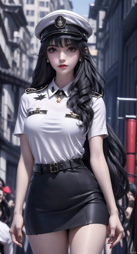 A beautiful little girl with long hair, wearing a German military uniform and a military cap, a military short skirt, and a tattoo pattern on her thighs, is now on the street, greendesign, Ink painting, ll-hd