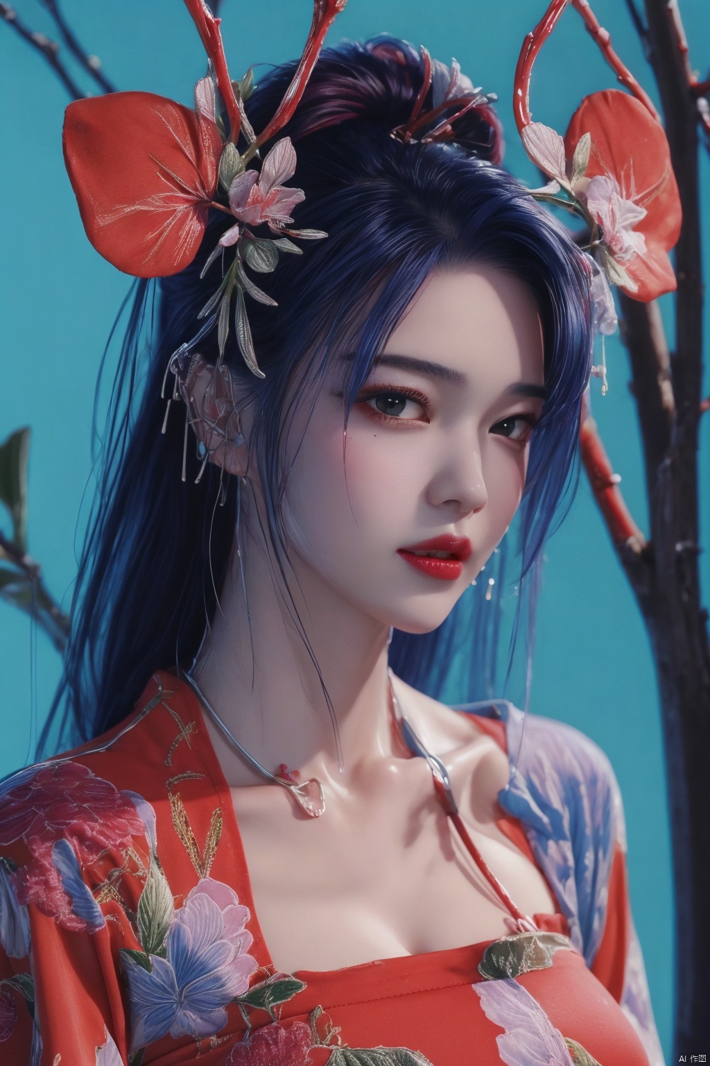 masterpiece, high quality, 1girl, amazing cinematic, sparklehsr, evil, menacing, glowing eyes, yandere,  red gold-trimmed kimono, o-ring halterneck, hair ornaments, mole under both eyes, red string, flower tattoo, neck bell, red fox mask on head, butterfly-shaped pupils, brown gradient hair, ominous red lighting, scary, grinning, spider lily flowers, ,
, ((poakl)), liuyifei