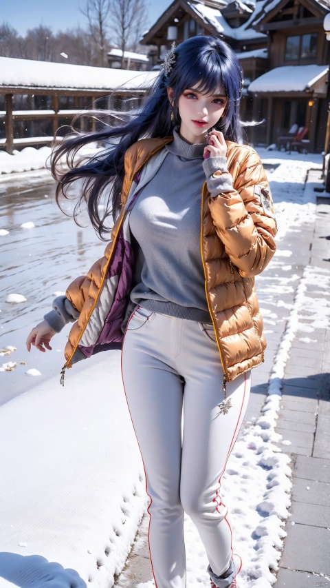  (Masterpiece), (Ultra High Resolution), a girl with long hair are joyfully dancing in heavy snow. (((colourful down jacket:1.2))), sneakers,colourful pants, Their faces are filled with happy smiles, and snowflakes are falling on their hair and collars. The surrounding is a vast expanse of white snow, only their footprints disturbing the purity. Snowflakes in the sky fall like cotton candy, adding a touch of sweetness to this winter scene. This is a vibrant and joyful winter afternoon. 
, Fashion Style,jellyfishforest, white sweater