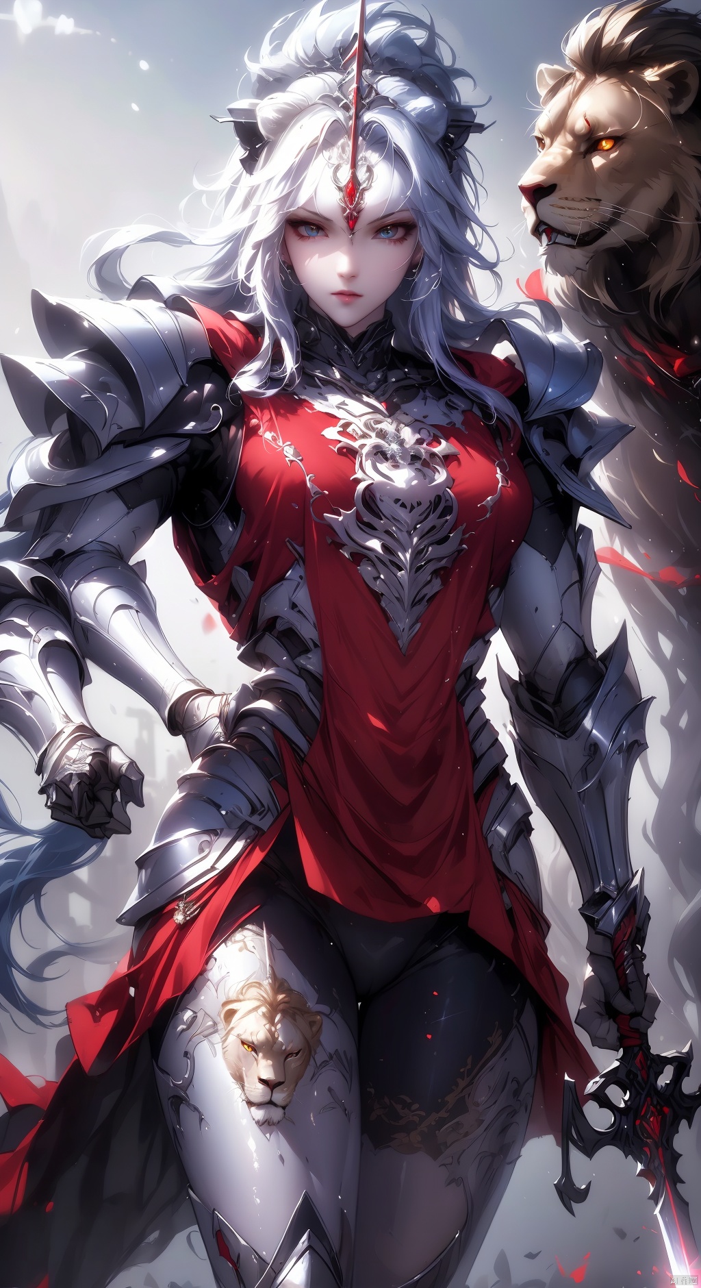  masterpiece,best quality,extremely high detailed,intricate,8k,HDR,wallpaper,cinematic lighting,(universe:1.4),dark armor,glowing eyes,anthropomorphic lion mecha,holding a sword,red jewel on sword,thighs
