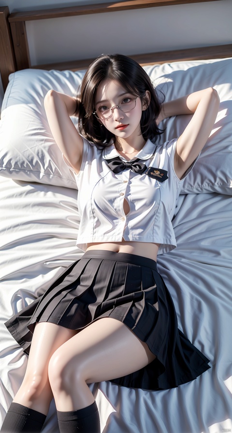  Enhanced, masterpiece, 16K, JK, 1 girl, glasses, short hair, school uniform, skirt, Lie in bed,