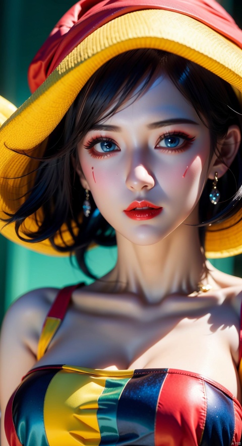  1girl, solo, looking at viewer, blue eyes, hat, upper body, lips, makeup, colored skin, facial mark, lipstick, multicolored clothes, red lips, facepaint, jester cap, colorful, multicolored headwear, clown, Light master, xiqing