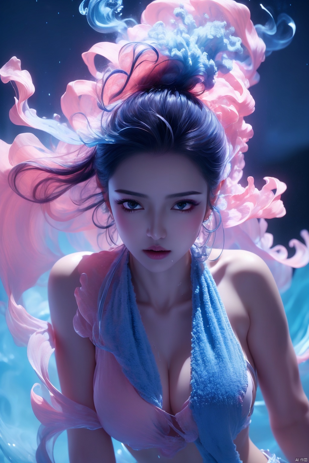  High quality, masterpiece, cinematic texture, Chinese elements, close-up of head and face, 1 girl bathing in the pool,(blue-pink smoke:1.2), shoulders exposed to the water surface (wrapped in a towel: 1.2),Forehead gemstone, (with a large amount of water vapor on the surface: 1.3), (hot spring), lantern, night,girl, 1girl, smoke,chang, looking_at_viewer,