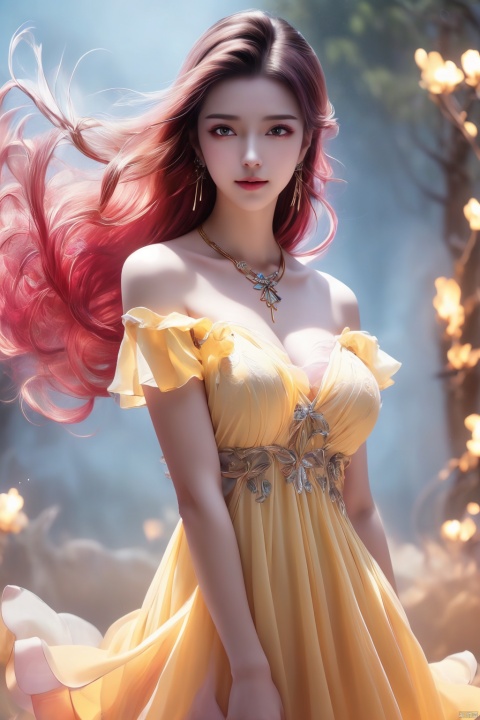  best quality, masterpiece, cowboy_shot,(Good structure), DSLR Quality,Depth of field,kind smile,looking_at_viewer,Dynamic pose, 
1girl,Bangs, off shoulder, colorful_hair, ((colorful hair)),golden dress, yellow eyes, chest, necklace, pink dress, earrings, floating hair, jewelry, sleeveless, very long hair,Looking at the observer, parted lips, pierced,energy,electricity,magic,tifa,sssr,blonde hair,jujingyi, wangyushan, dofas, forehead mark, (\yan yu\),  , luxueqi