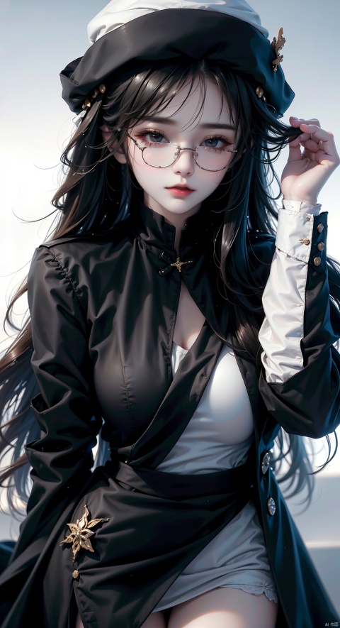 1girl, solo, long hair, looking at viewer, bangs, simple background, shirt, black hair, long sleeves, hat, white background, brown eyes, closed mouth, white shirt, glasses, coat, black headwear, hand in pocket, round eyewear, hand on headwear, brown coat