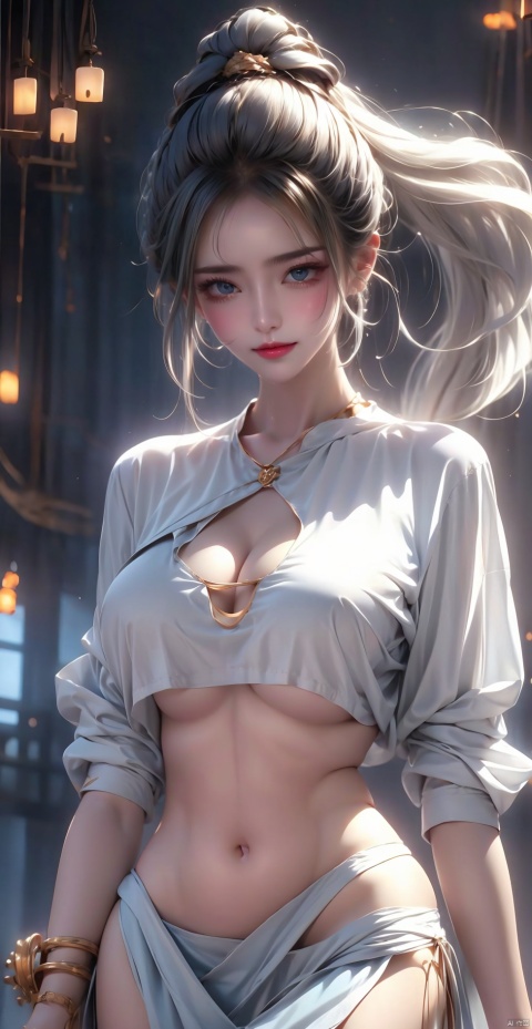  1girl, solo, long hair, breasts, looking at viewer, blush, smile, bangs, blue eyes, large breasts, shirt, cleavage, jewelry, medium breasts, closed mouth, standing, collarbone, white shirt, ponytail, white hair, short sleeves, thighs, cowboy shot, indoors, arms up, cup, grey eyes, covered navel, no pants, arms behind head, side slit, contrapposto, drinking straw